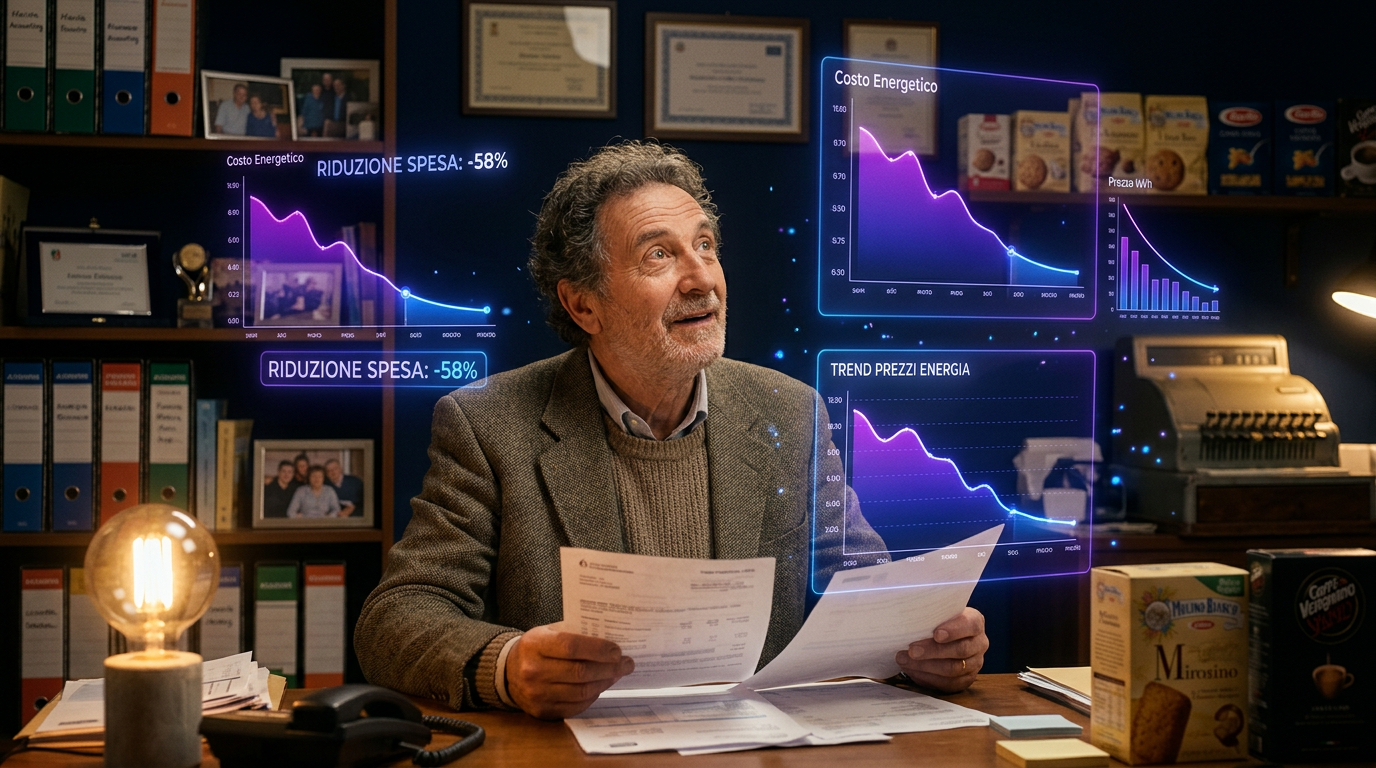 Imprenditore italiano alla scrivania con bollette energetiche che mostrano calo drammatico dei costi, grafici olografici con curve in discesa nei toni viola e blu elettrico, sfondo navy scuro, visualizzazioni dati luminose nell'aria, fotografia editoriale professionale 4K
