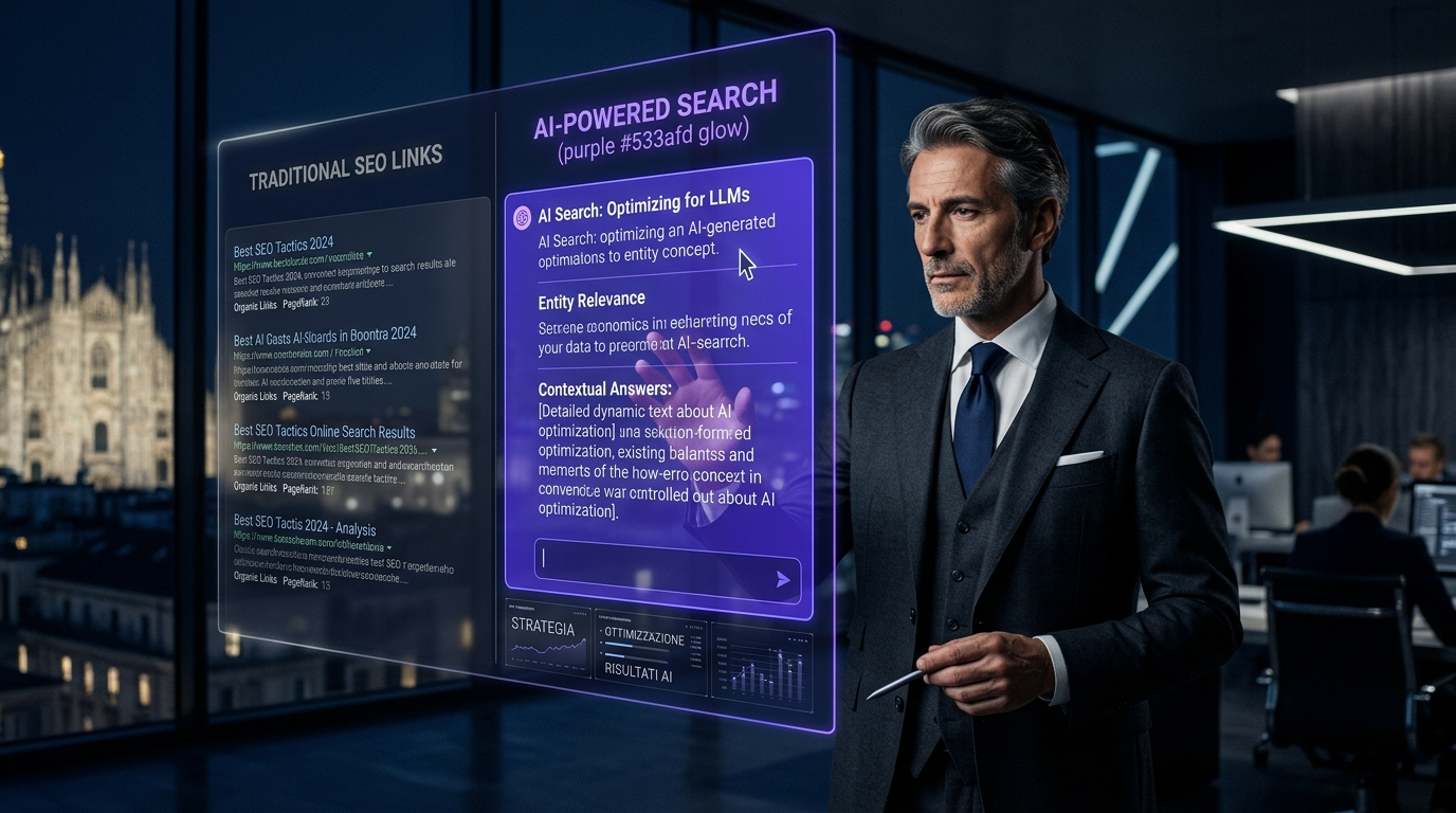Incrocio strategico tra risultati SEO tradizionali che svaniscono e risposte AI che si illuminano in viola, professionista del marketing che analizza dati su schermo olografico diviso tra ricerca classica e AI Mode, sfondo navy scuro, profondità di campo cinematica, fotografia editoriale 4K
