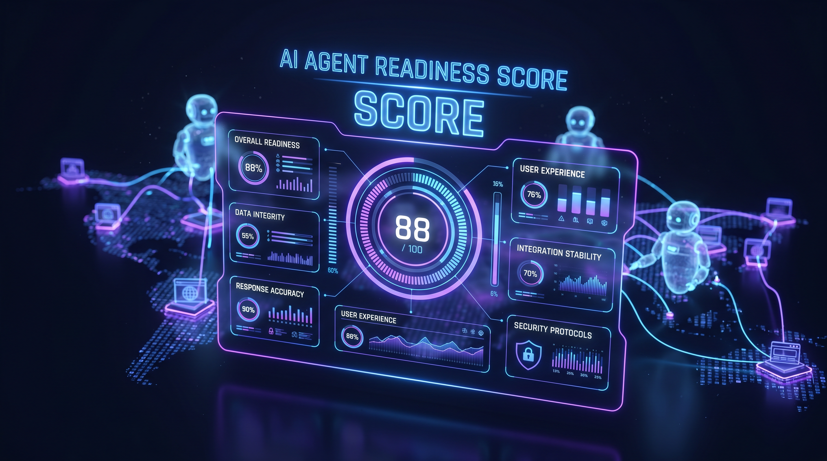 Futuristic AI agent readiness score dashboard for websites, holographic UI panel showing score metrics, digital AI robots connecting to website nodes with glowing lines, deep navy background with violet and electric blue neon accents, 4K editorial photorealistic dark tech aesthetic, ultra sharp