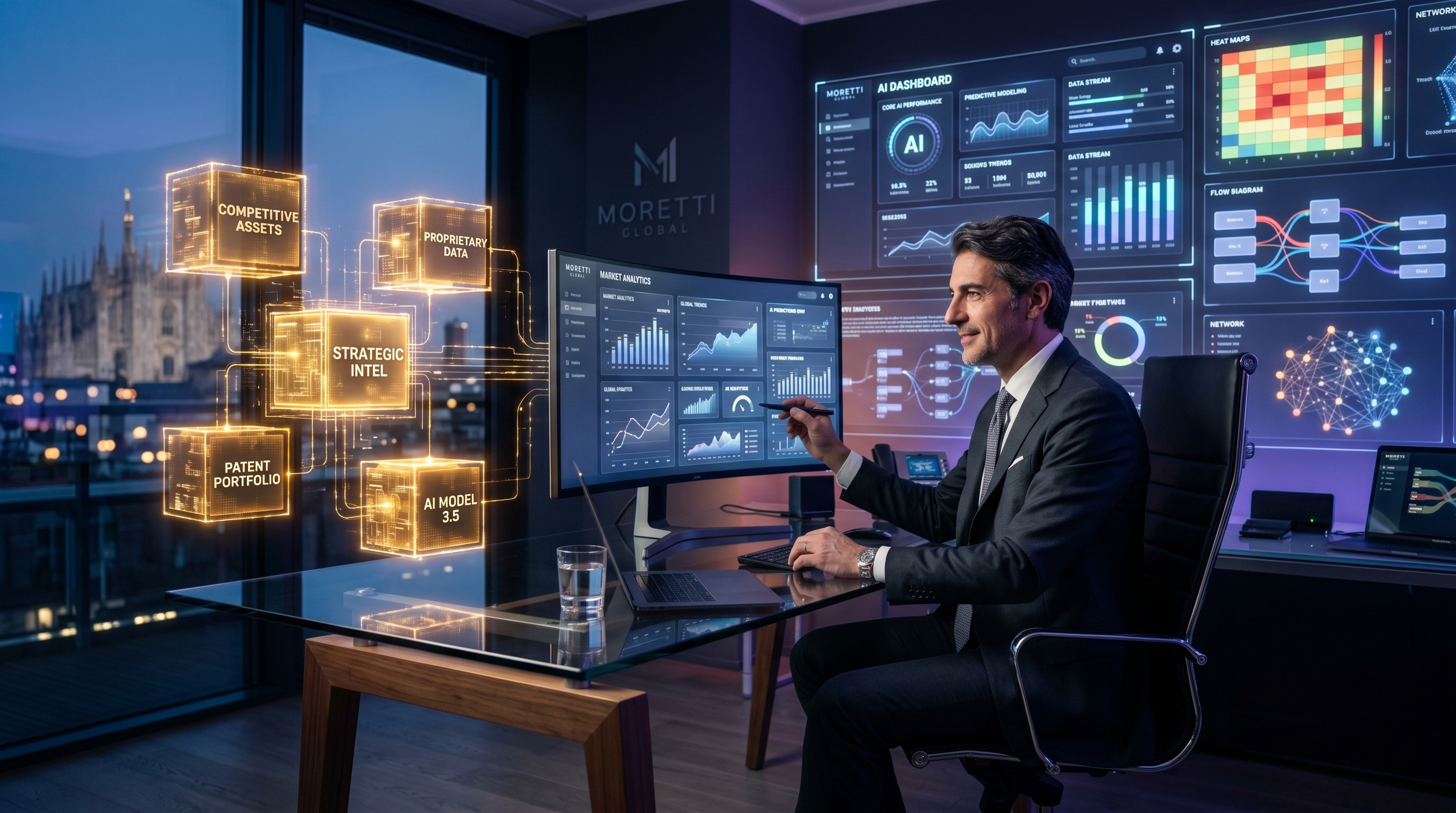 Italian entrepreneur at a sleek modern desk surrounded by glowing proprietary data visualization, floating golden data blocks labeled as competitive business assets, charts and AI dashboards, deep navy and violet color palette, 4K editorial professional photography, business technology atmosphere, cinematic lighting