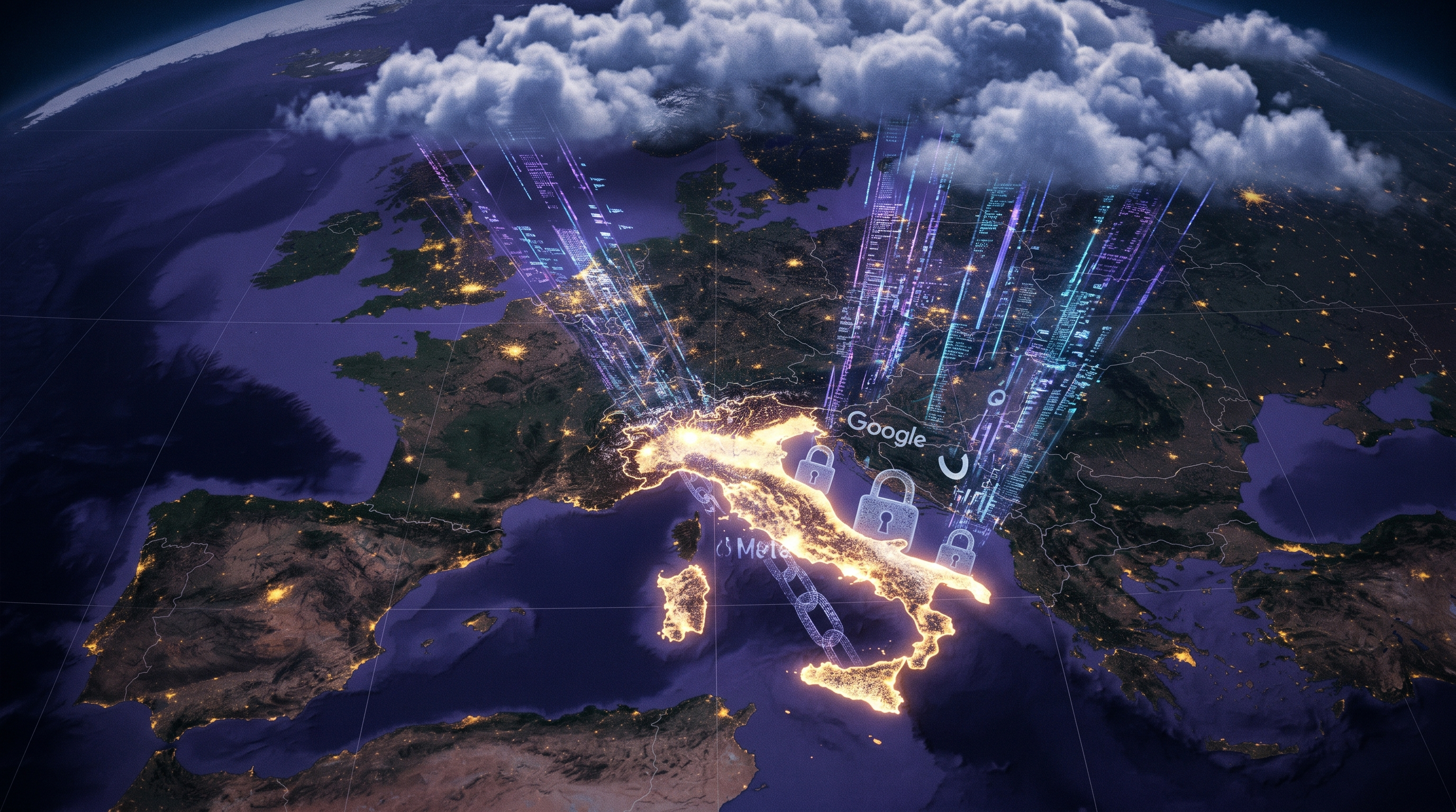 Aerial view of Italy glowing on a dark European map, digital chains and lock icons symbolizing dependence on foreign cloud platforms Google Meta, dramatic navy sky with violet digital data streams descending from clouds, cinematic documentary style 4K, symbolic digital sovereignty concept
