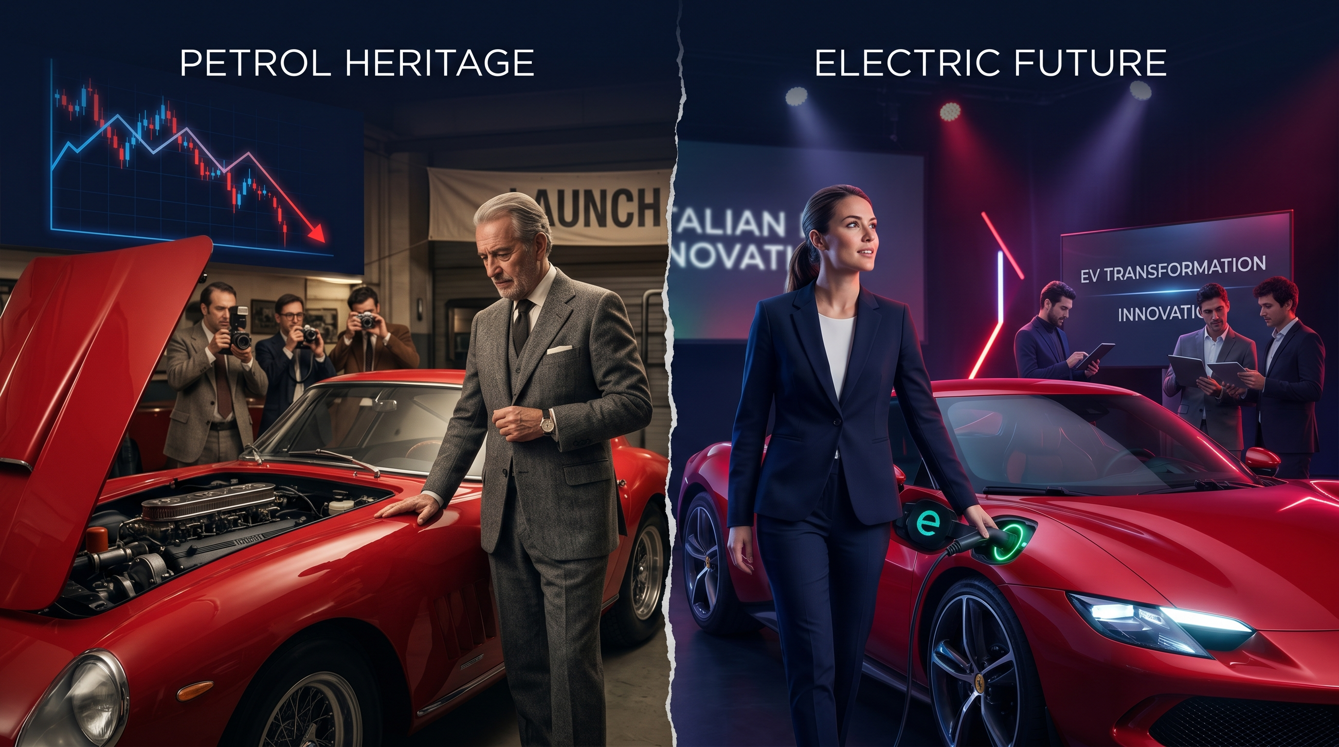 Luxury red Italian sports car electric transformation launch ceremony, dramatic split composition showing classic petrol heritage on left vs sleek electric future on right, stock market decline graph floating in background, deep navy background with crimson and violet electric accents, 4K editorial photorealistic cinematic lighting