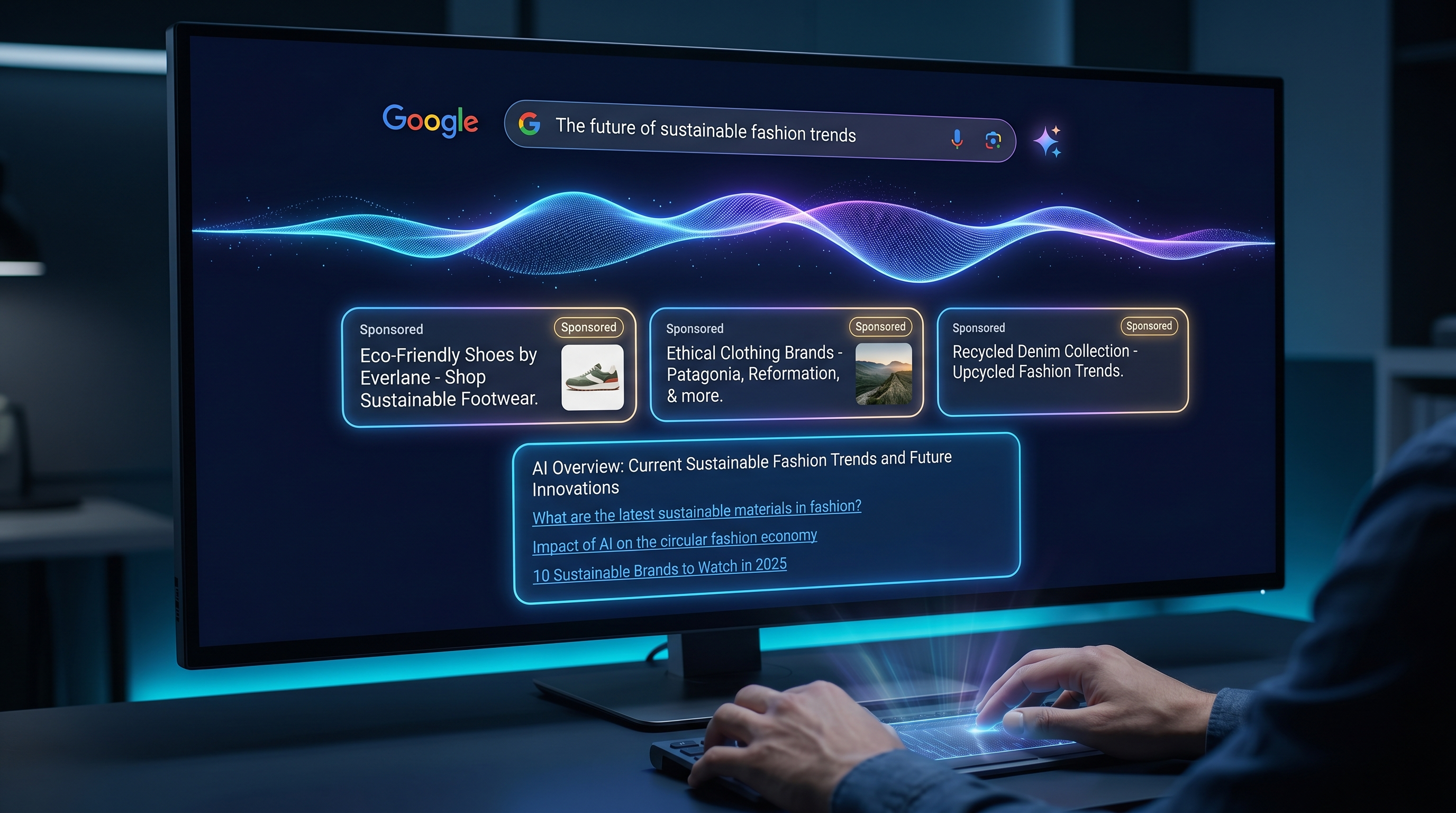 Google AI search interface showing paid ads seamlessly blending with organic AI-generated results, glowing search cards with subtle gold sponsored badges dissolving into organic blue links, holographic Gemini AI wave transforming the search results page, deep navy background with cyan and violet electric neon accents, 4K editorial photorealistic digital marketing concept