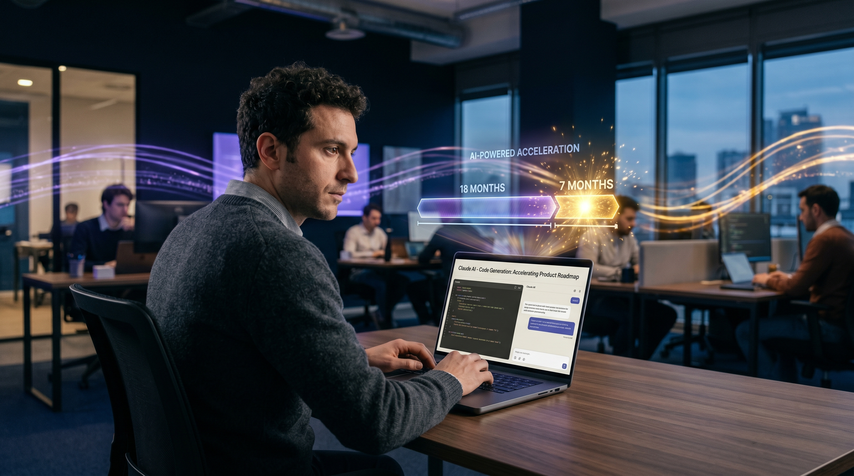 Italian fintech developer at modern workspace, AI-powered code generation accelerating a product roadmap, glowing timeline bar showing 18 months dramatically compressed to 7 months with golden light burst, laptop screen displaying Claude AI interface and code, deep navy ambient office background with violet and amber golden accent data streams, 4K editorial cinematic photorealistic