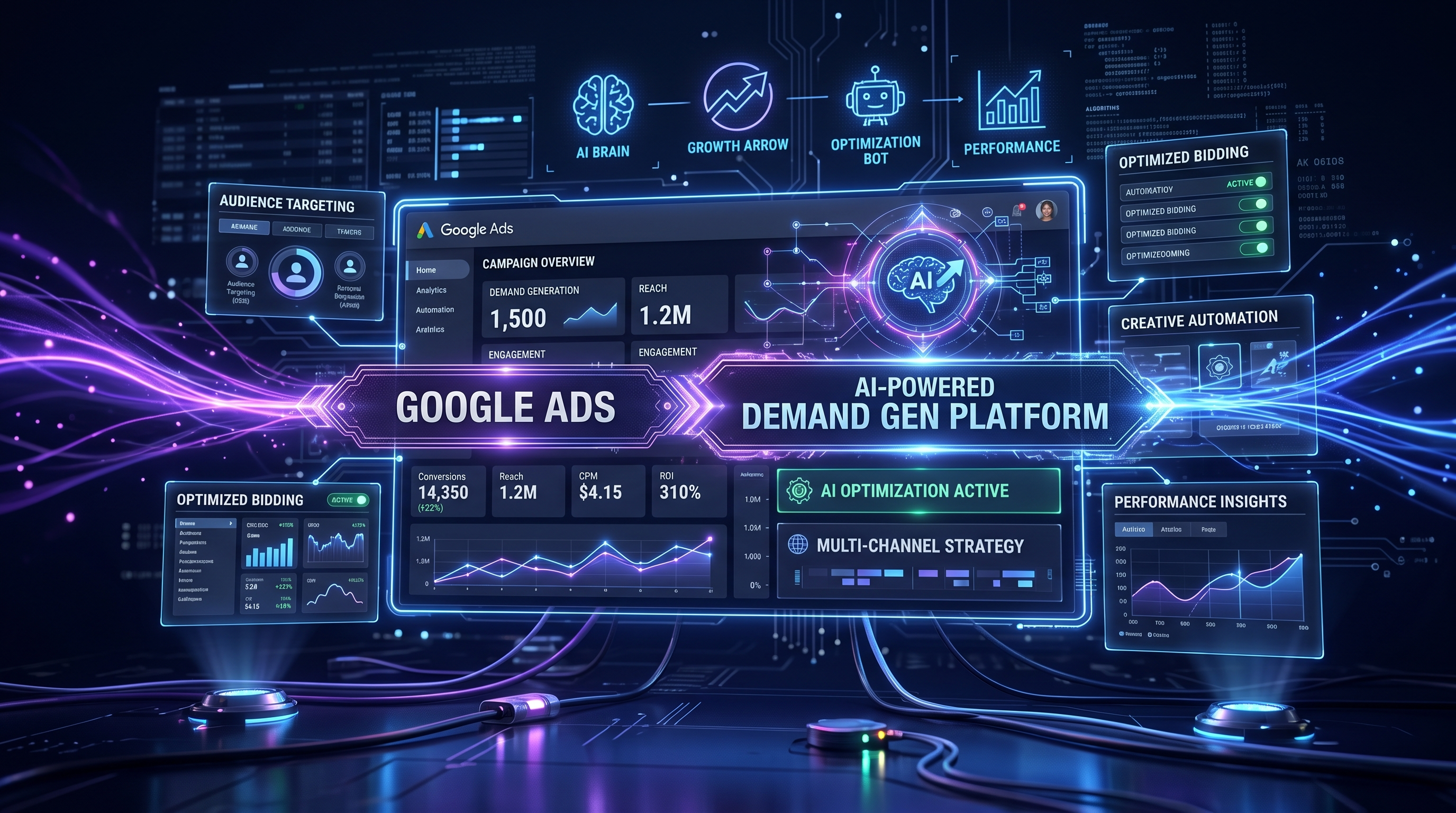 Dashboard pubblicitaria futuristica con pannelli olografici che mostrano metriche di campagna AI, sfondo dark navy con accenti viola e blu elettrico, transizione verso Demand Gen