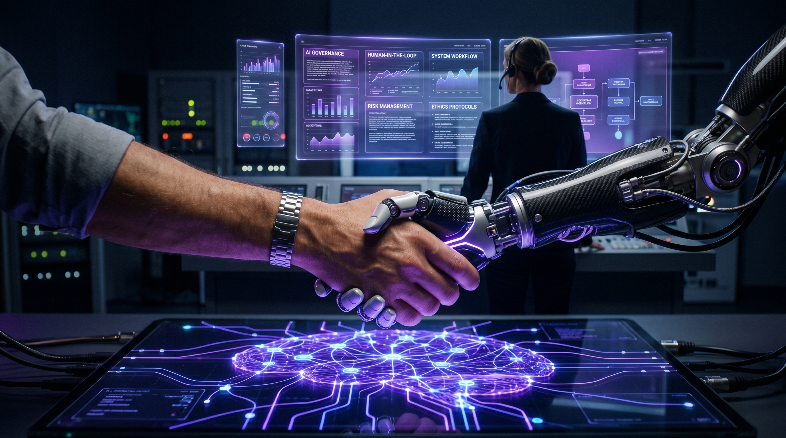 Mano umana e mano AI che si stringono su una rete neurale digitale, scia di luce viola su sfondo scuro, silhouette umana che supervisiona workflow olografici di agenti AI