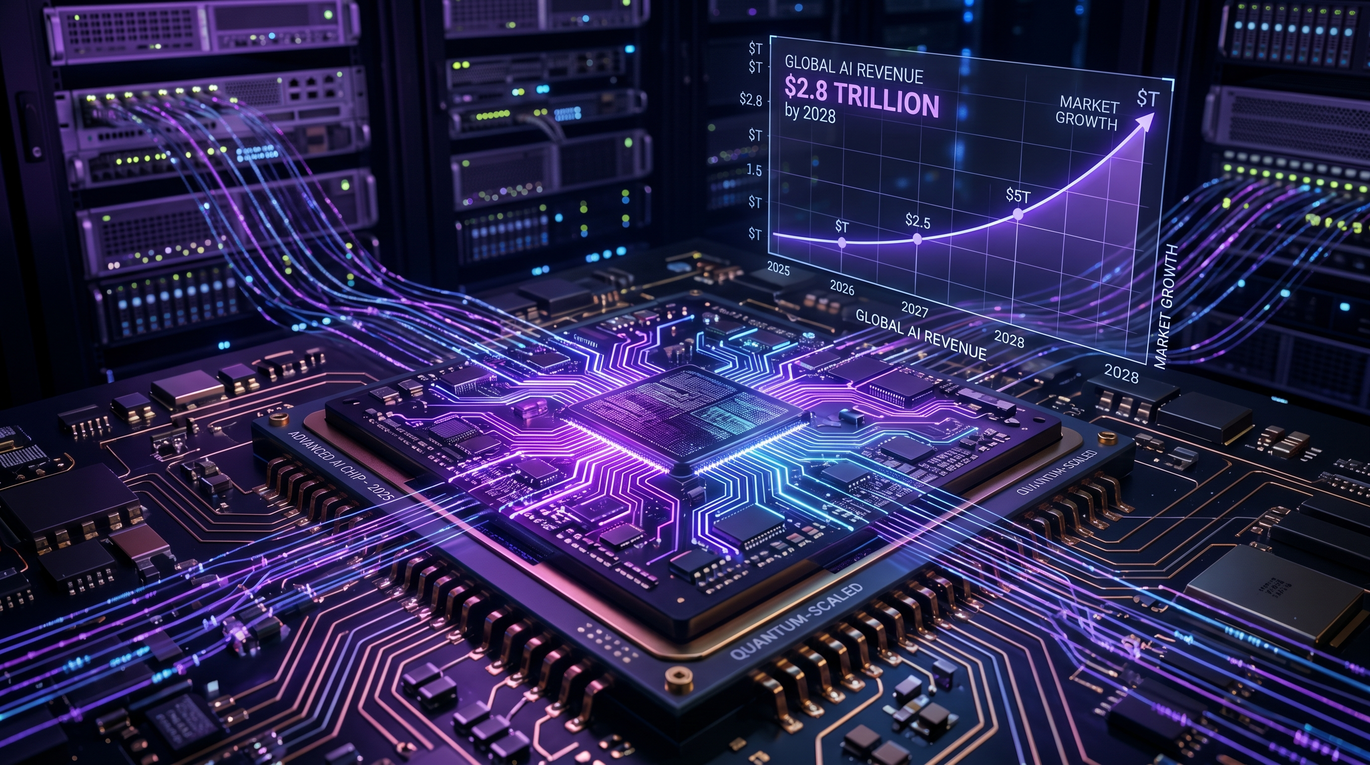 Chip semiconduttore in primo piano con circuiti illuminati da luce viola e indaco, visualizzazione data center AI con flussi di dati digitali, overlay olografico di crescita finanziaria su sfondo scuro