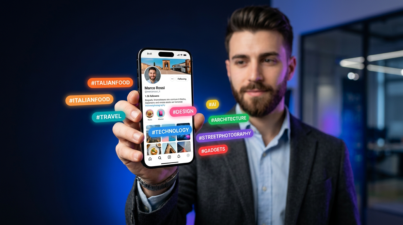 Smartphone con profilo Instagram che mostra tag di interessi colorati — food, travel, design, tech — su sfondo dark navy con accenti viola e blu elettrico