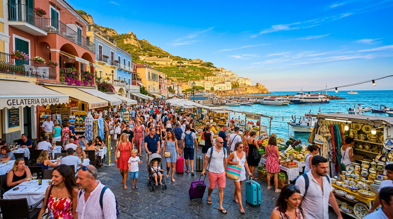 Scena estiva italiana vibrante: lungomare affollato con famiglie in viaggio, bagagli, luce dorata del pomeriggio, mercato vivace, paesaggio italiano con cielo azzurro