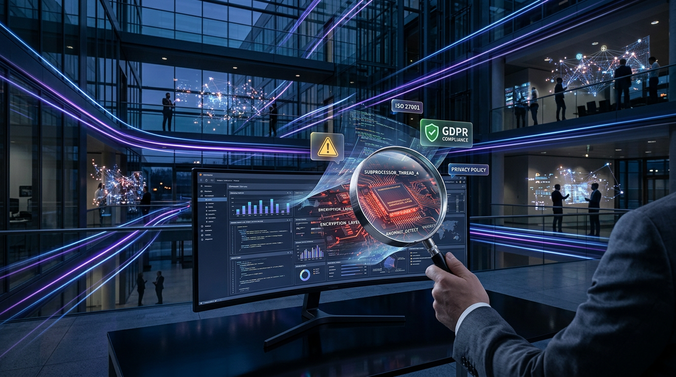Interno di edificio aziendale con nodi dati fluttuanti e connessioni AI, lente di ingrandimento che rivela subprocessori nascosti sotto un'interfaccia software, scudi GDPR e icone di avviso, atmosfera dark navy con scie di luce viola e blu elettrico
