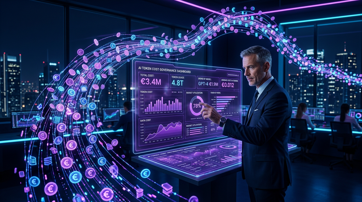 Dashboard AI astratta con flussi di dati a forma di monete euro, executive che esamina metriche su display olografico, sfondo navy scuro con accenti neon viola