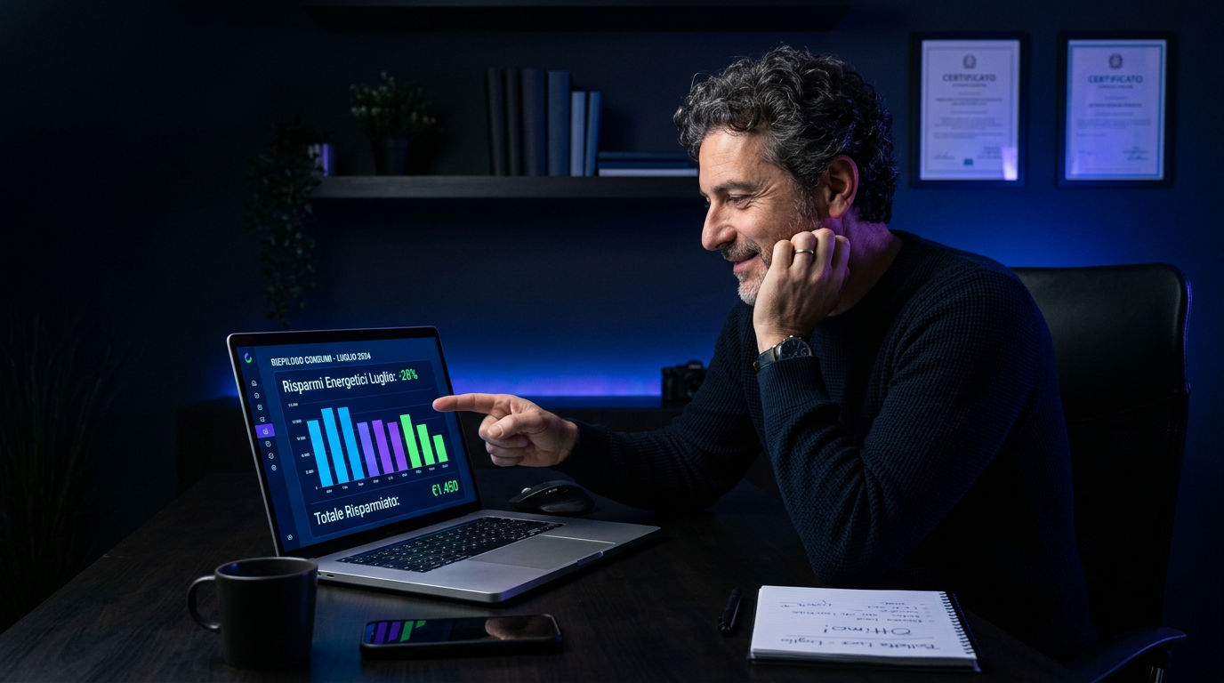 Imprenditore in ufficio moderno dark con luci viola e blu che esamina dati energetici su laptop, senso di sollievo e risparmio