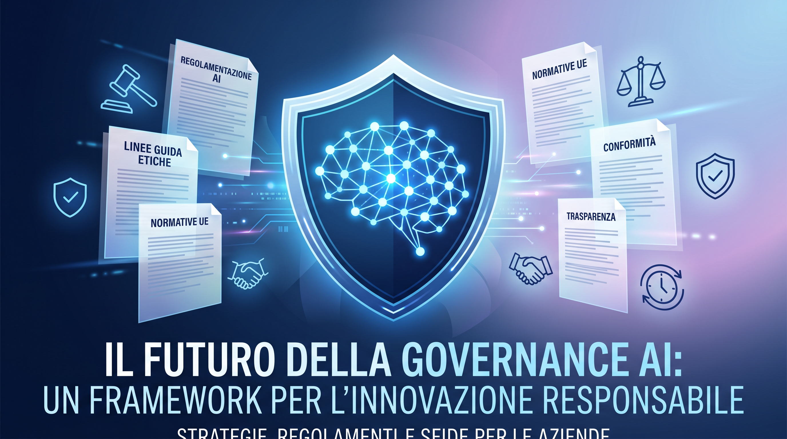 Visualizzazione astratta di framework di governance AI: rete neurale incapsulata in uno scudo protettivo circondato da documenti e icone di regolamentazione, palette navy e blu elettrico, design editoriale professionale