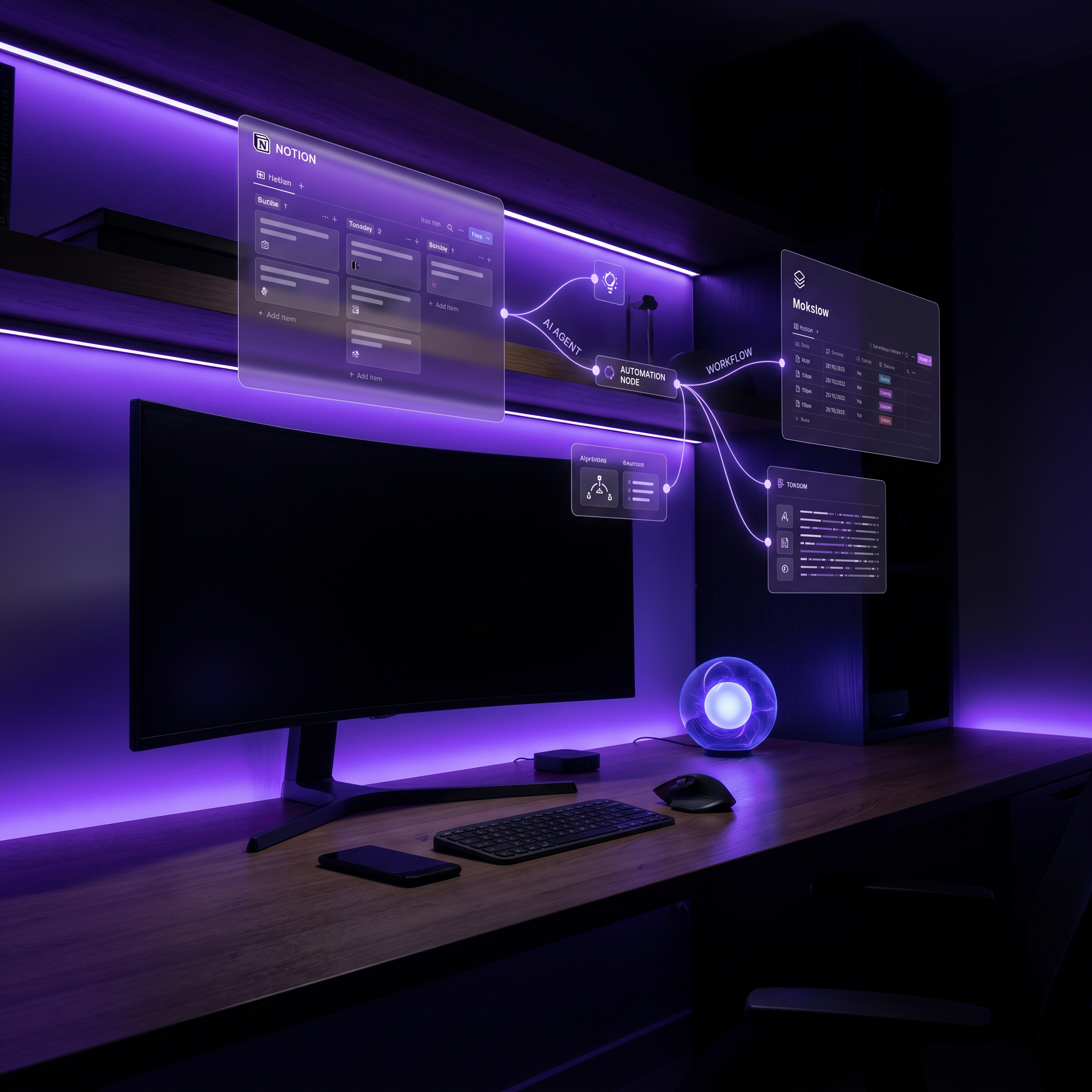 Workspace digitale minimalista con agenti AI connessi in rete — Notion automation