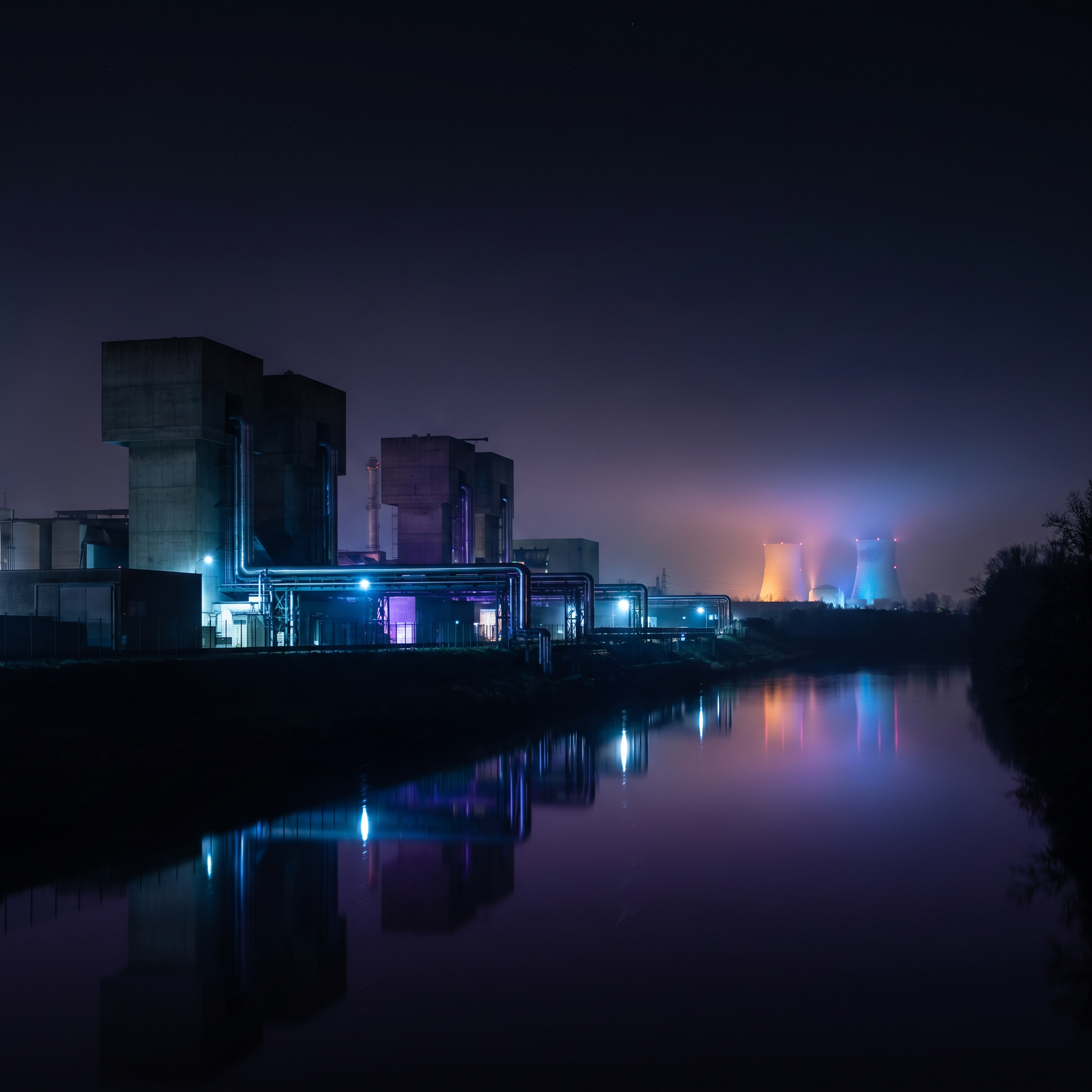 Paesaggio industriale futuristico notturno — nucleare ed energia per le PMI italiane